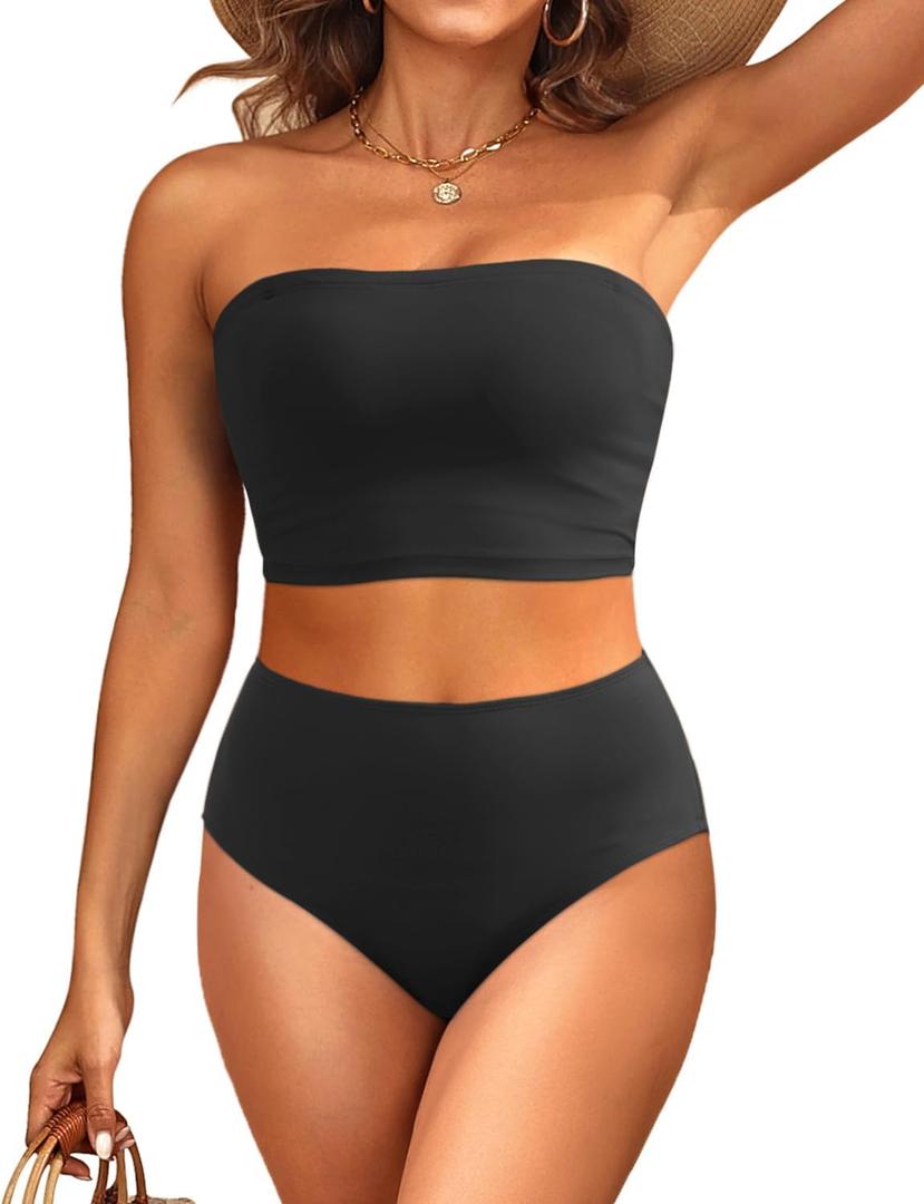Tempt Me Women Bandeau Bikini Set Strapless High Waisted Two Piece Swimsuit Longline Bathing Suits (Large, Black)