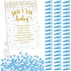 Don't Say Baby Shower Clothespin Game Boy Includes 8x11'' Standing Sign, 60 Mini Blue Clothes Pin, 60 Mini Pacifiers