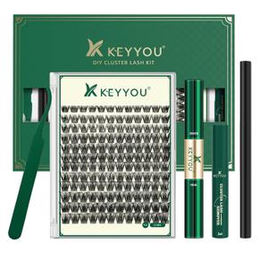 KEYYOU Lash Clusters Kit Natural Wispy DIY Lash Extension Kit 144pcs Lashes Clusters Eyelash Extension with Mascara Brush Bond and Seal Glue Remover Applicators and Brush for Lashes Extensions 