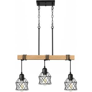 3 Light Farmhouse Kitchen Island Lighting,Dining Room Light Fixture,Adjustable Height Pendant,Real Wood and Black Metal Cage Chandelier for Kitchen,Dining Room
