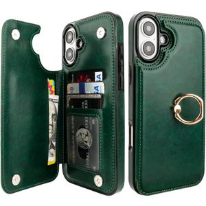 ONETOP for iPhone 16 Plus Wallet Case with Card Holder, 360 Rotation Ring Kickstand RFID Blocking PU Leather Double Magnetic Clasp Shockproof Cover for Women and Girls 6.7 Inch (Green)