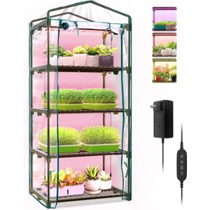 Bstrip Indoor Greenhouse with Grow Lights, 4 Tier 27.2" L19.9" W61.8" H Mini Greenhouse with Zippered PVC Cover for Seed Starting Trays, Dimmable 2FT 60W Plant Light for Indoor Plants with Timer