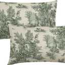 French Country Pillow Covers Set of 2 12x20 Inch Vintage Toile Green Cotton Linen Decorative Throw Pillow Case Cushion Cover for Bedroom Sofa Living Room Couch Chair Office