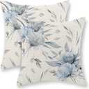 Blue Pillow Covers 18x18 Inch Set of 2 Vintage Blue and Grey Floral Throw Pillows Modern Abstract Boho Flower Decorative Pillow Cases Outdoor Linen Farmhouse Cushion Cover for Couch Sofa Decor