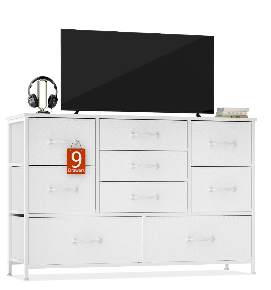 Furnulem Dresser for Bedroom with 9 Fabric Drawers for 55'' Long TV Stand Entertainment Center & Chests of Drawers, Wide Dresser Storage for Living Room, Dorm, Entryway, Sturdy Metal Frame, White