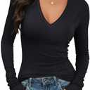 Prettywear Sexy Deep V Neck Long Sleeve Shirts for Women Ribbed Going Out Tops Fitted Casual Basic 2026 Spring Summer Clothes (Black, XS)