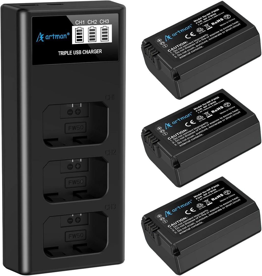 Artman NP-FW50 Battery 3-Pack and Upgraded 3-Slot ZV-E10 Battery LCD Charger for Sony ZV E10, Alpha A6500 A6400 A6300 A6000 A5100 A5000, A7S II, A7S, A7R II, A7R, A7 II, A7, RX10 II III IV Cameras