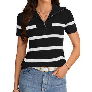 Vrtige Women's Quarter Zip Ribbed Knit Stripe Short Sleeve Sweater (S)