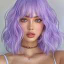 LOSMOEER Purple Wig with Bangs Short Wavy Wigs for Women Shoulder Length Curly Bob Wigs Heat Resistant Synthetic Wigs for Halloween Cosplay Daily Party Use (14 Inch)