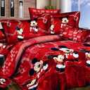 100% Cotton Kids Reversible Printing Mickey Mouse Couples Duvet Cover 3PCS Bedding Set with Zipper Closure,Queen(No Comforter) (Red)