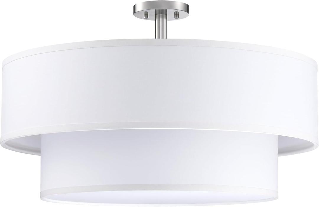 5 Light Off White Double Drum Fabric Shade Semi Flush Mount Ceiling Light,Close to Ceiling Light Fixture Brushed Nickel Finish,24 inch Semi Flush Drum Light for Bedroom,Living Room,Dining Room Hallway