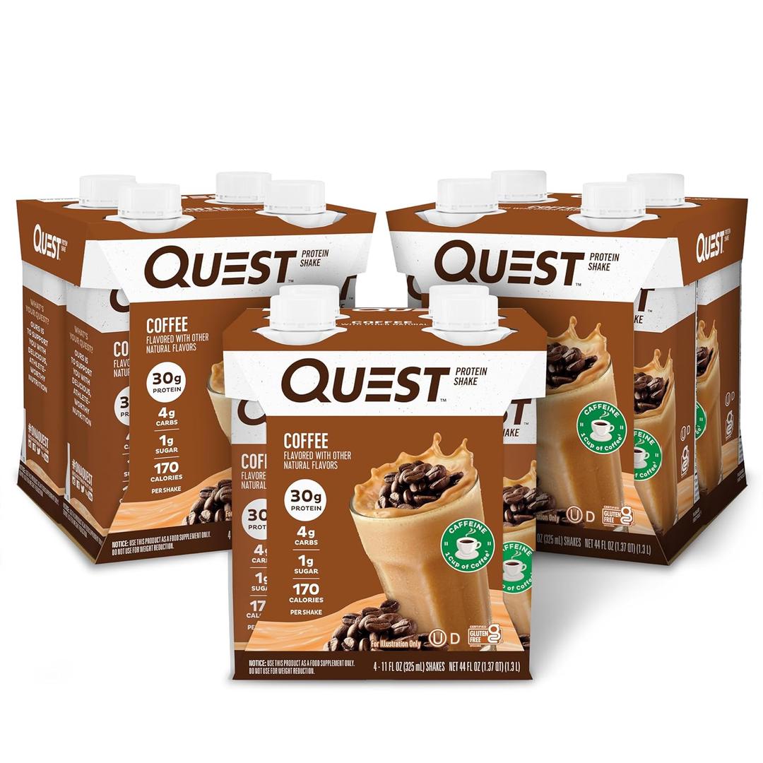 Quest Nutrition Ready to Drink Coffee Protein Shake, 30g Protein, 4g Carb, 1g Sugar, Gluten Free, Keto Friendly, 4 Count (Pack of 3) BB: 05/21/2026