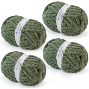 Chunky Chenille Yarn for Crocheting and Hand Knitting Blanket - Bulky Fluffy Jumbo Thick Yarn - Pack of 4 (4 Skeins, Each 28 Yds, 8oz) Olive Green