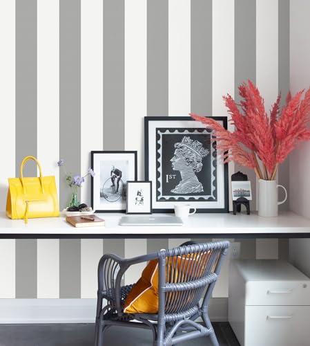 Erfoni Grey and White Wallpaper Stripe Peel and Stick Wallpaper Modern Gray Self Adhesive Contact Paper 17.7"x118" DIY Striped Removable Wall Paper for Bedroom Livingroom Countertop Decor