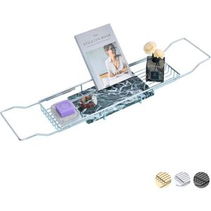 MARBBNEST Bathtub Tray Caddy for Luxury Bath Expandable Extra Wide Bath Tub Tray with Natural Marble Tray and Mobile/Tablet Stand, Ideal for Home Spa Lovers(Chrome + India Green)