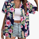 Women Hawaiian Shirt Soft Cool Summer Hawaii Shirts Floral Tropic Print V Neck T-Shirt Short Sleeve Button Up Tops.XL