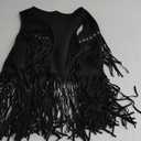 Womens Tassel Vest 70s Hippie Sleeveless Fringe Jacket with Cowgirl Hat Western Faux Suede Outfit Black
 S