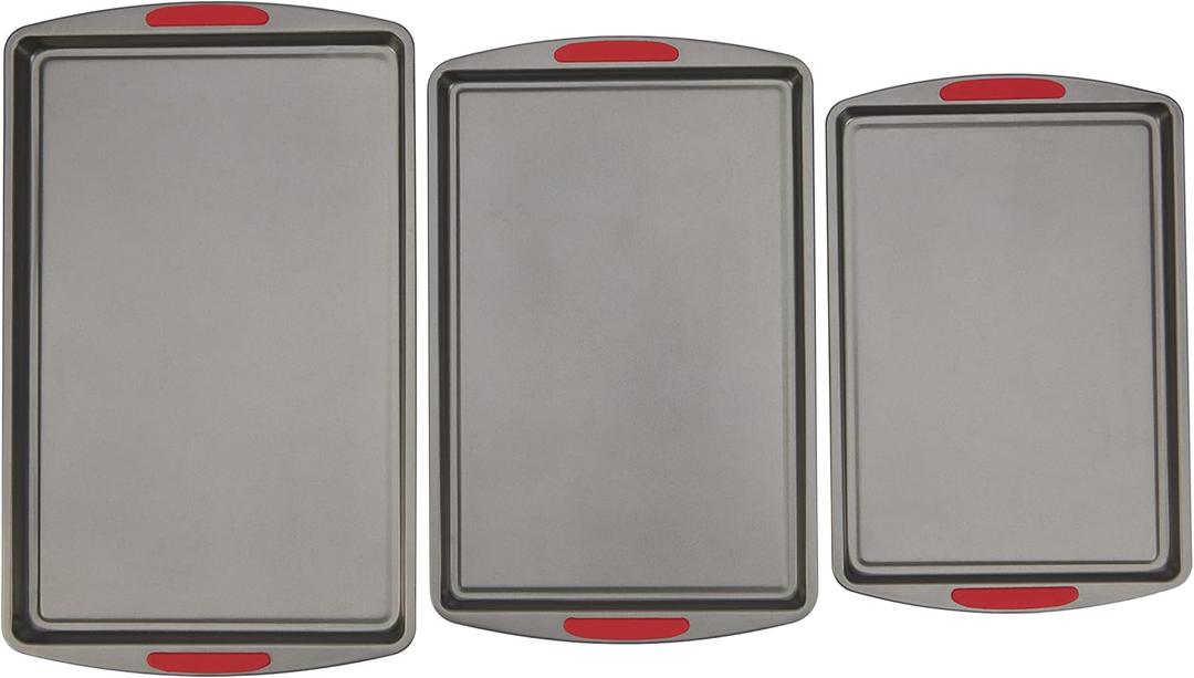GoodCook MegaGrip Set of 3 Nonstick Steel Multipurpose Cookie Sheets with Silicone Grip Handles, Gray
