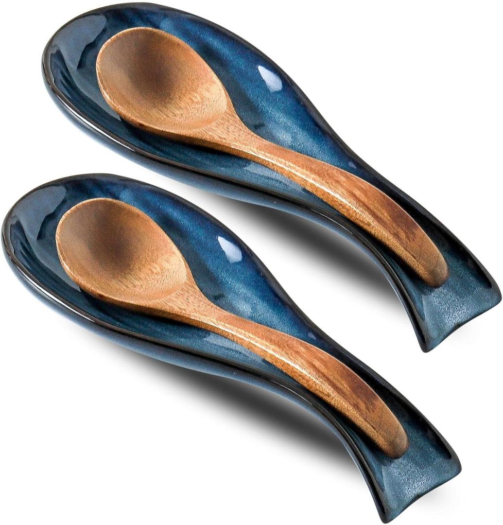 Tikooere Ceramic Spoon Rest for Stove Top, Large 8.7 Inch Spoon Holder for Kitchen Counter, Porcelain Utensil Rest for Thankgiving and Christmas Gift, Dishwasher Safe and Heat-Resistant, Blue(2 PC)