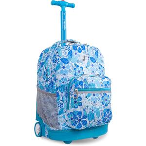 J World Sunrise Kids Rolling Backpack for Girls Boys. Roller Bookbag With Wheels For School, Blue Vine, 18"