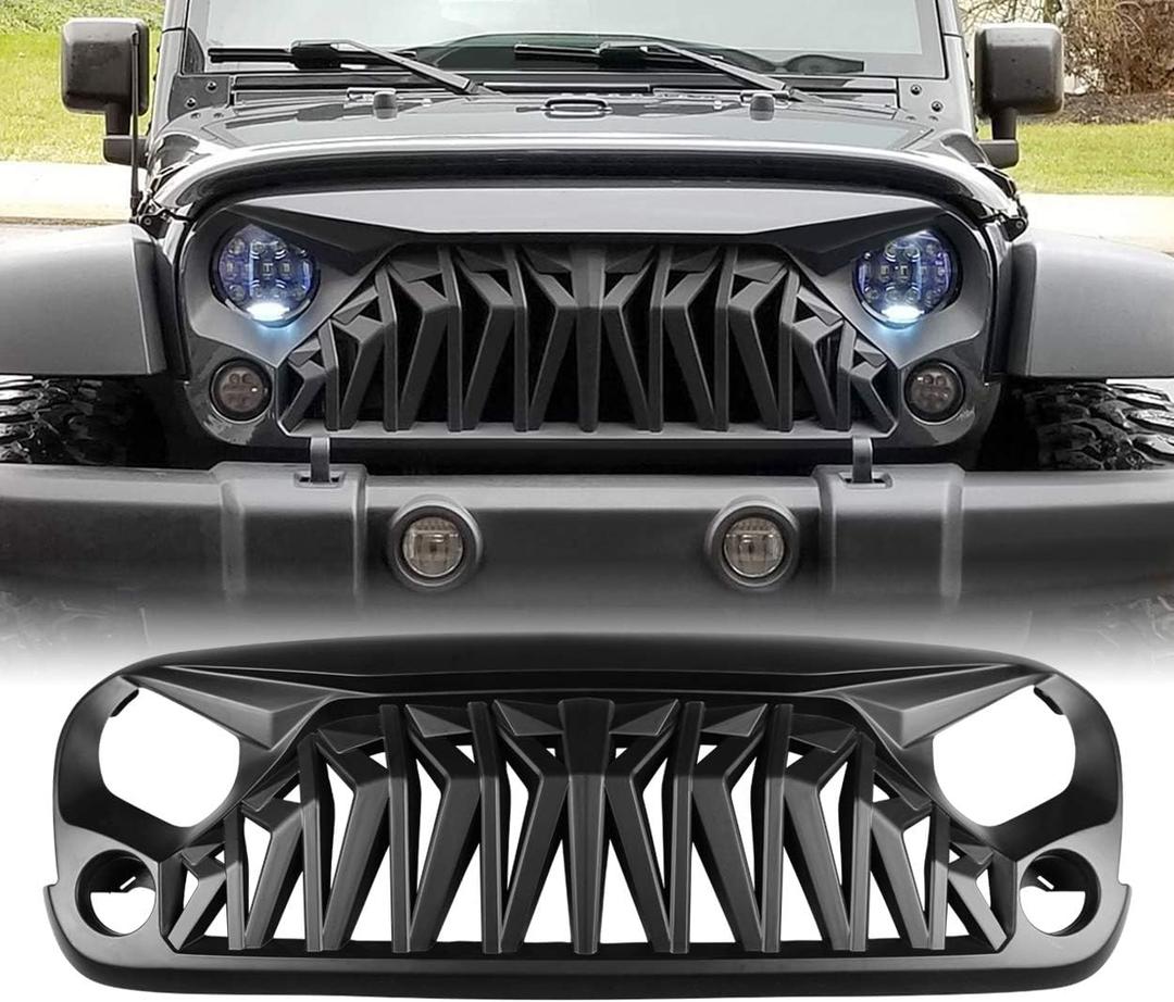 Matte Black Front Grill, Shark Grille Compatible with 2007-2018 Jeep Wrangler Rubicon Sahara Sport JK JKU