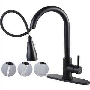 Kitchen Faucets with Pull Down Sprayer - Matte Black Stainless Steel Rotatable Kitchen Sink Faucet - Single-Handle Commercial Utility - 1 | 3 Holes with Deck Plate for RV & Bar