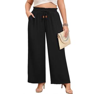 Lastshe Plus Size Wide Leg Pants for Women Elastic High Waisted Drawstring Loose Lounge Long Palazzo Trousers with Pockets (2X, 01 Black)