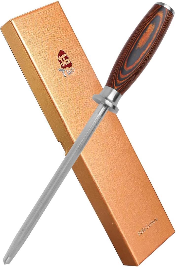 TUO Honing Steel, Sharpening Rod for Kitchen Knives Daily Sharpening Maintenance, High Carbon German Stainless Steel with Pakkawood Handle, 8 inch - Fiery Phoenix Series