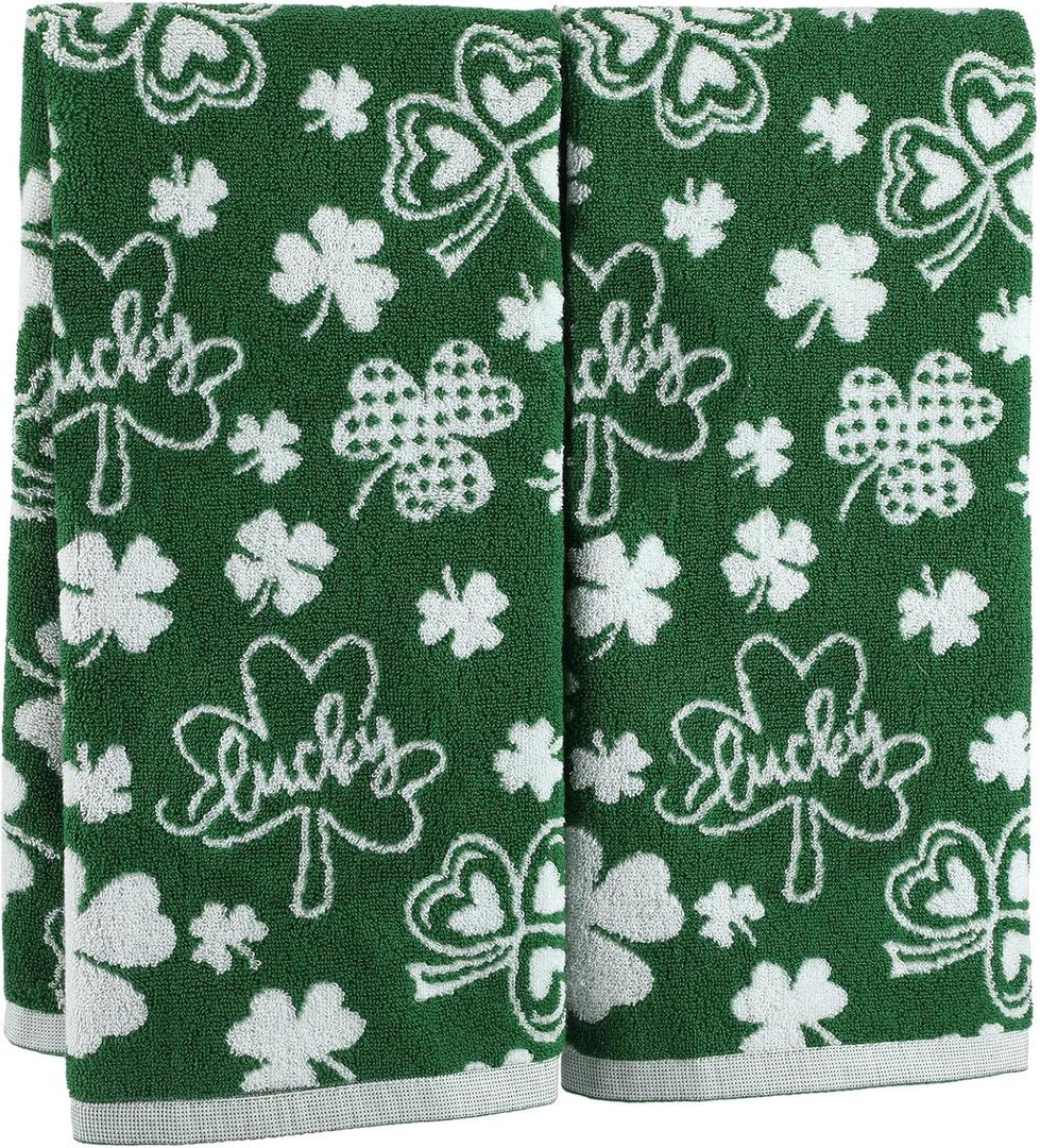 Breling 2 Pcs St. Patrick's Day Hand Towels Green White Shamrock Bathroom Towels 100% Cotton Highly Absorbent Soft Kitchen Dish Irish Gift for Spring St. Patrick Holiday Decorative, 13 x 29 Inch
