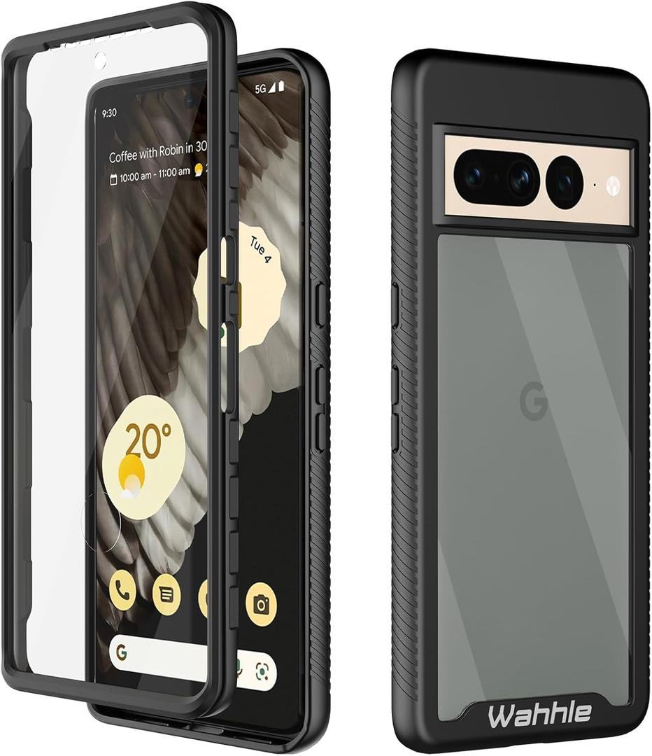 Wahhle Compatible With Google Pixel 7 Pro Case, Built in Screen Protector Full Body Shockproof Slim Fit Bumper Protective Phone Cover Men Women-Black/Clear