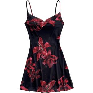 Floerns Women's Flower Print Draped Ruched Cami Dress Sleeveless Flared Mini Dress (Small, Black)