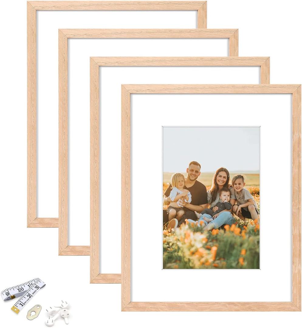 8x10 Picture Frame, OAK Wood Photo Frame 5x7 with Mat or 8x10 without Mat with Perspex Glass for Vertical or Horizontal Tabletop Wall Display for Photos, Paintings, Birthday Christmas Gift, Set of 4