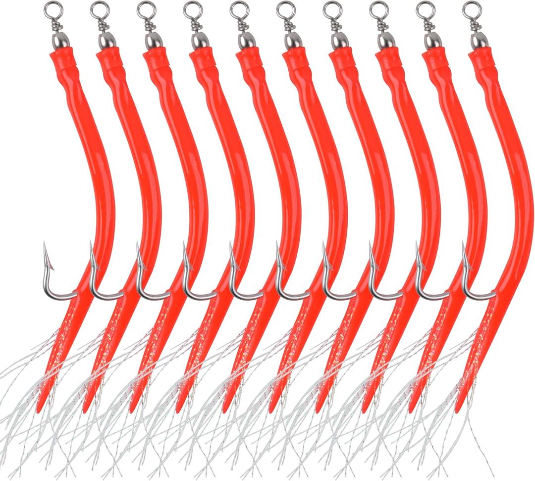 2 x OROOTL Striped Bass Tube Lures, 10pcs Classic Striped Bass Lures Saltwater Fishing Trolling Lure Rig Glow Tube Teaser with Stainless Steel Hook Barrel Swivel for Offshore Big Game Fishing (Red)