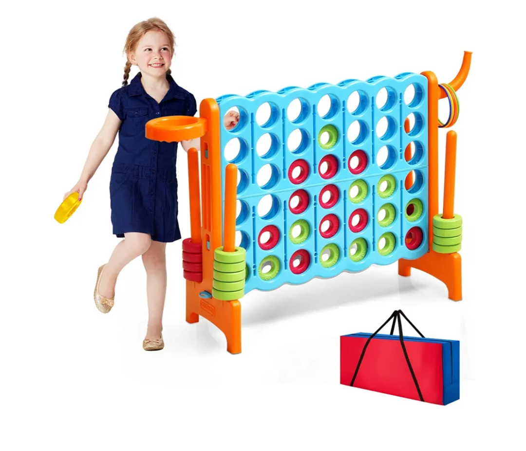 HONEY JOY Jumbo 4-to-Score Giant Game Set, 3-in-1 Indoor Outdoor Family Yard Game Set w/Basketball Hoop & Ring Toss, 42 Jumbo Rings, Quick-Release Slider, Giant 4-in-A-Row for Kids & Adults