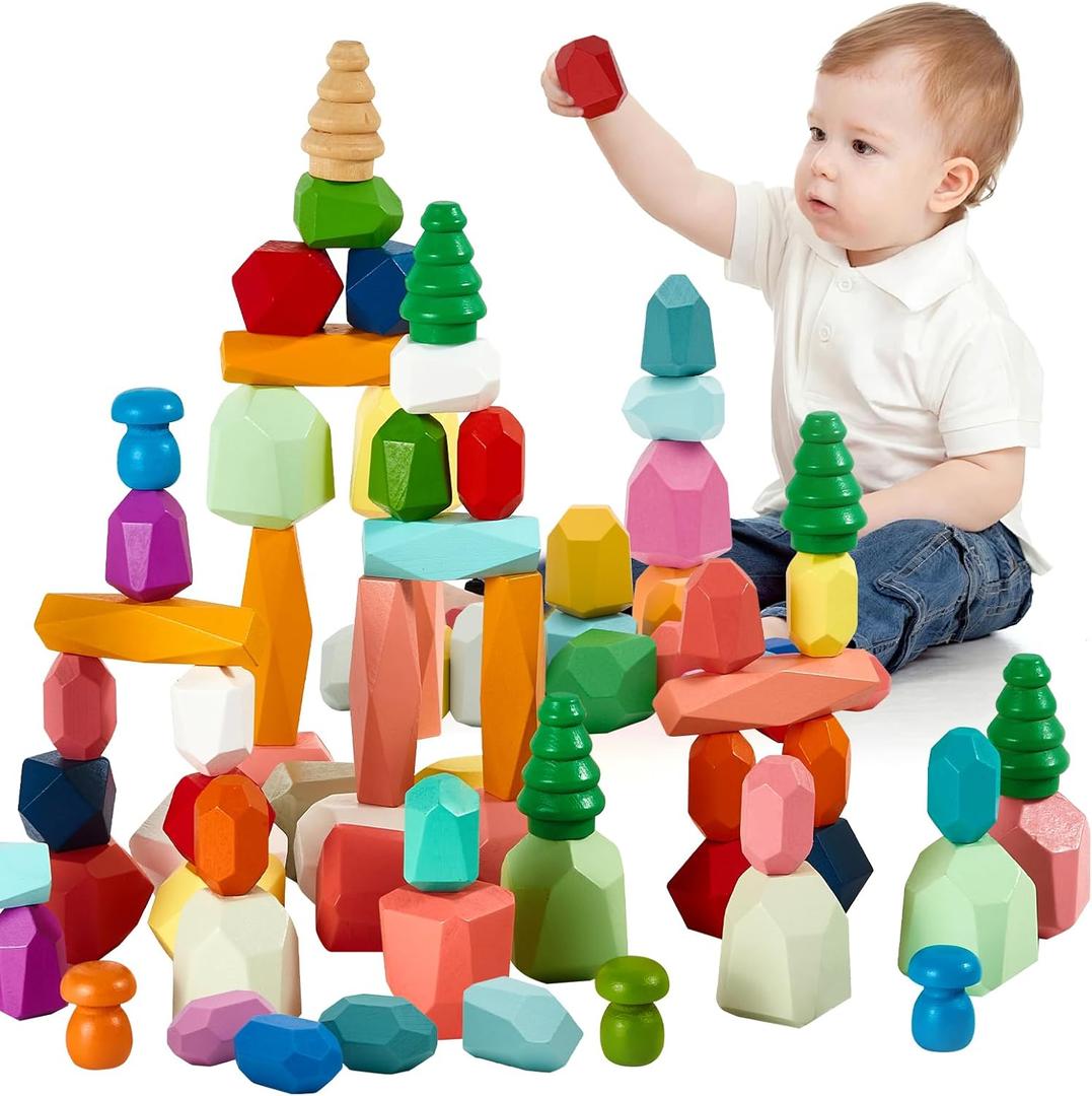58PCS Montessori Wooden Stacking Rocks Toys Colorful Stacking Stones Building Blocks Games Sensory Toy for Toddlers Educational Learning Toys for 3+ Years Old Kids