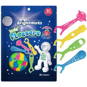BrightWorks Kids Fun Space Flossers, Mixed Berry Flavor Fluoride [240 Floss Picks Total] Colorful Space Shapes: Astronaut, Rocketship, UFO, Earth. 100% Recycled Plastic Material. 80 Count (Pack of 3)