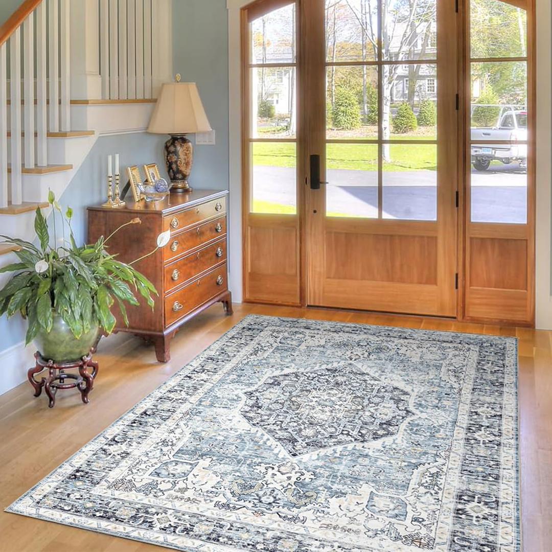 Area Rug 4x6, Vintage Boho Rug,Ultra-Soft Low Pile, Washable, Non Slip,Stain Resistant Printed Carpet for Living Room Bedrooms Playroom Office Kitchen, Light Blue