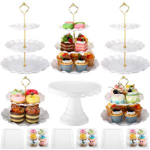 Willinglong 12 Pcs Dessert Cupcake Stand Holders - Cake Table Display Set, 5 Cupcake Tiered Stand 1 Cake Holder 6 Serving Tray Combo for Tea Party Birthday Baby Shower Wedding(Elegant,White,White)