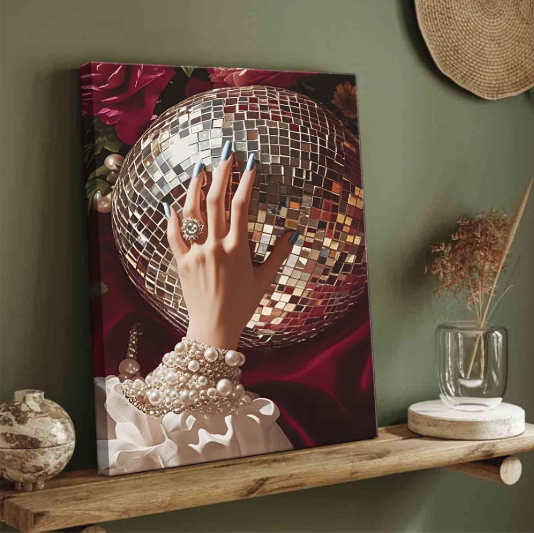 Elegant Hand with Pearl Bracelets and Disco Ball Canvas Wall Art - Glamorous Vintage-Inspired Decor