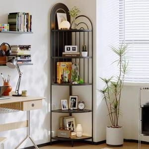 Black 5 Tier Metal Corner Shelf,Tall Industrial Corner Shelving Unit,Freestanding Corner Storage Rack for Small Spaces,Narrow Corner Bookshelf for Living Room,Bedroom,Bathroom, Large