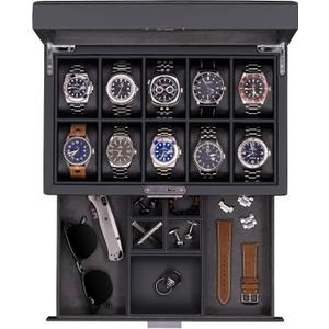 ROTHWELL 10-Slot Watch Box in Leather with Valet Drawer, Luxury Watch Case Display Organizer with Ultra Soft Microsuede Liner, Jewelry and Sunglass Holder With Large Glass top (Carbon)