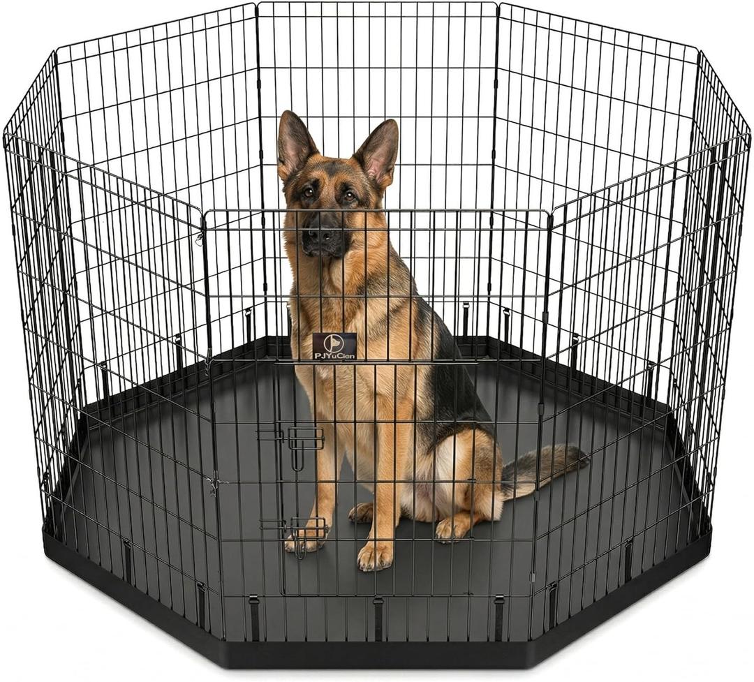 PJYuCien Dog Playpen with Bottom Pad - Metal Foldable Exercise Pen, 8 Panels 42" H x 24" W Indoor Outdoor Pet Fence Puppy Crate Kennel, Black