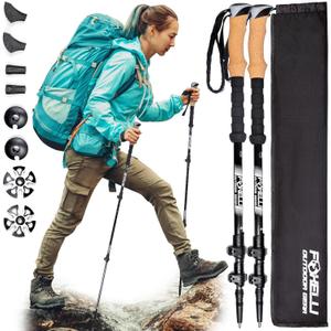 Foxelli Carbon Fiber Trekking Poles Lightweight Collapsible Hiking Poles with Cork Grips, Quick Flip Locks & All-Terrain Accessories Adjustable Height Hiking Sticks for Men & Women