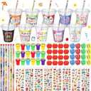 210 Pcs Back to School Stationery Gifts Welcome to School Gift Card First Day of School Stamp Pencil Sharpener Eraser Sticker Cup with Lid for School Classroom Party Exchange Gift Supplies