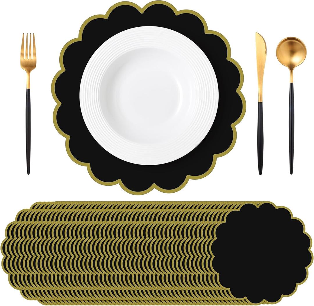 Tinlade 50 Pcs Paper Placemats, 13.5 Inch Disposable Scalloped Placemat, Decorative Round Table Place Mats for Birthday, Wedding, Bridal Shower, Baby Shower, Tea Party, Dining Tableware (Black)