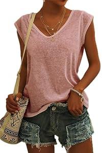 Womens Cap Sleeve T Shirts V Neck Casual Tops Oversized T-Shirt Summer Trendy Lightweight Loose Fit Basic Tees (Medium) Pink