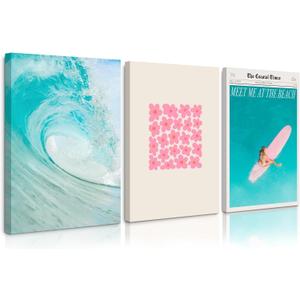 Beach Room Wall Art Decor Ocean Wave Canvas Wall Art Picture Coastal Poster Prints Surfer Girl Wall Art Flower Market Prints Surfboard Wall Decor for Bedroom Teen Dorm 16x24 Inch Framed Set of 3