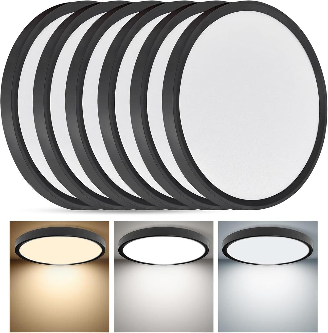 5PK 12 Inch Super Slim LED Flush Mount Ceiling Light, 24W, 2520LM, Selectable 3000K/4000K/6000K CCT, Low Profile Round Flat Panel Light for Bedroom, Kitchen, Hallway (Black)