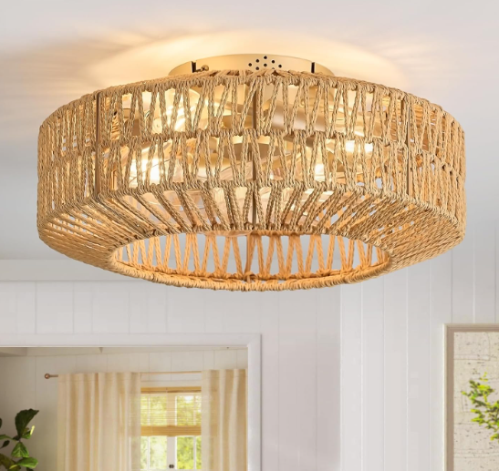Rattan Ceiling Fans with Light and Remote, Boho Fandelier Ceiling Fan with Light Flush Mount Woven Farmhouse Caged Ceiling Fan for Bedroom Living Room Kitchen(Enclosed 6 Speeds), Medium