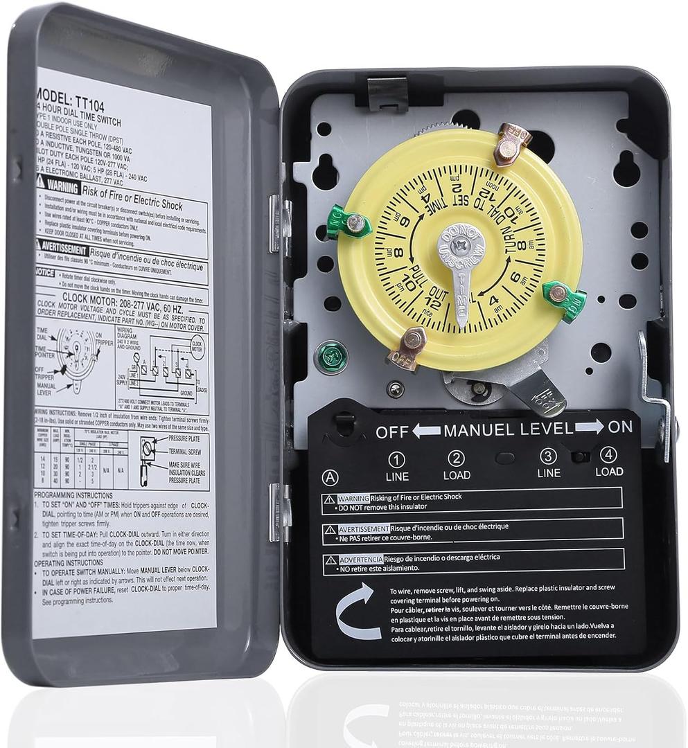 T104 Mechanical Time Switch, 208-277V AC 40A DPST, 24-Hour Dial with 12 ON/Off Trips, Heavy-Duty Timer Switch for Pool Pumps Water Heater Lighting and HVAC, with 4 Timer Trippers